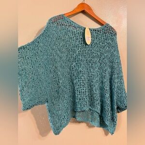 Ikat Elegant Teal Loose Knit Women's Poncho Top Kimono OS NWT